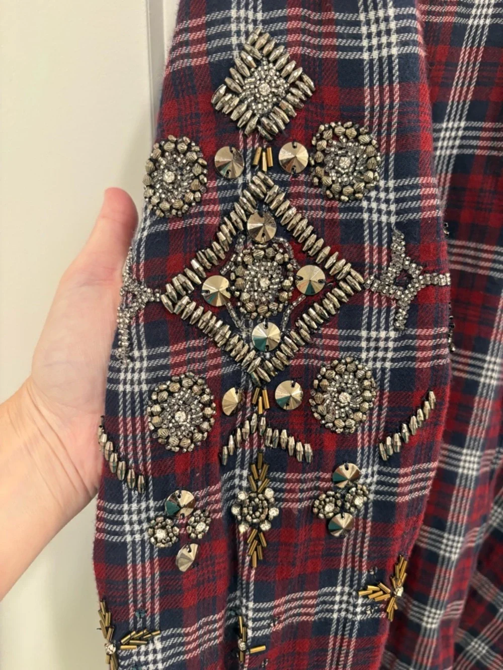 Free People Downtown Romance Red Blue Oversized Embellished Plaid Shirt Size L